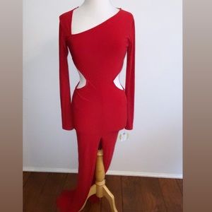 New Red Long Sleeve Open Slit Mazi Dress